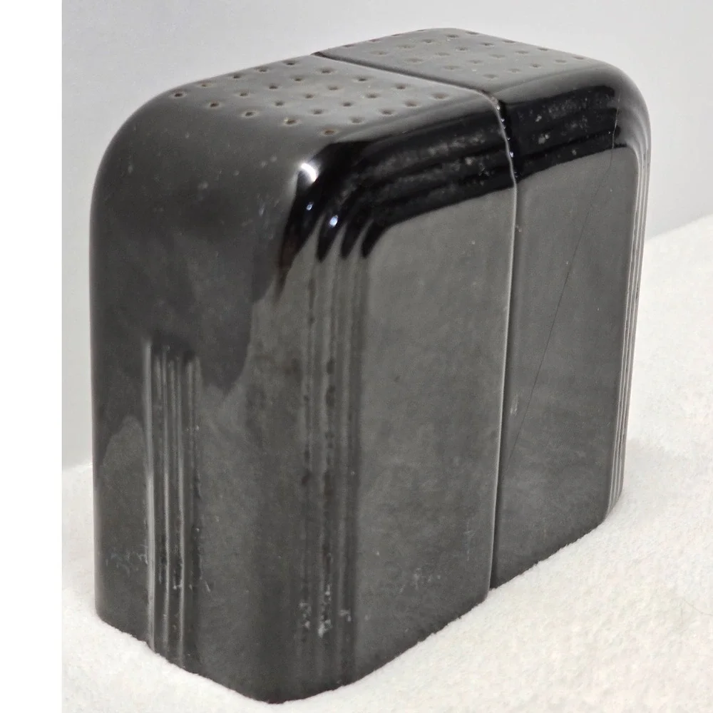 Vintage Art Deco Black Ceramic Salt and Pepper Shakers Ribbed MCM Kitchenware